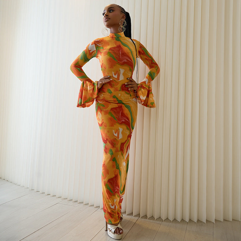 European and American  women's clothing 2025 spring and summer new temperament printed semi-turtleneck horn sleeve slim-fitting long dress