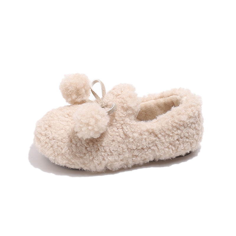 Children's hair ball one-pedal velvet cotton shoes 2025 autumn and winter new Korean version thickened warm girls' hair shoes