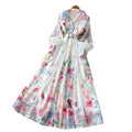 French holiday style printingsilm dress for women spring & fallv neck lantern sleeves waist strap a-line work clothing long skirt
