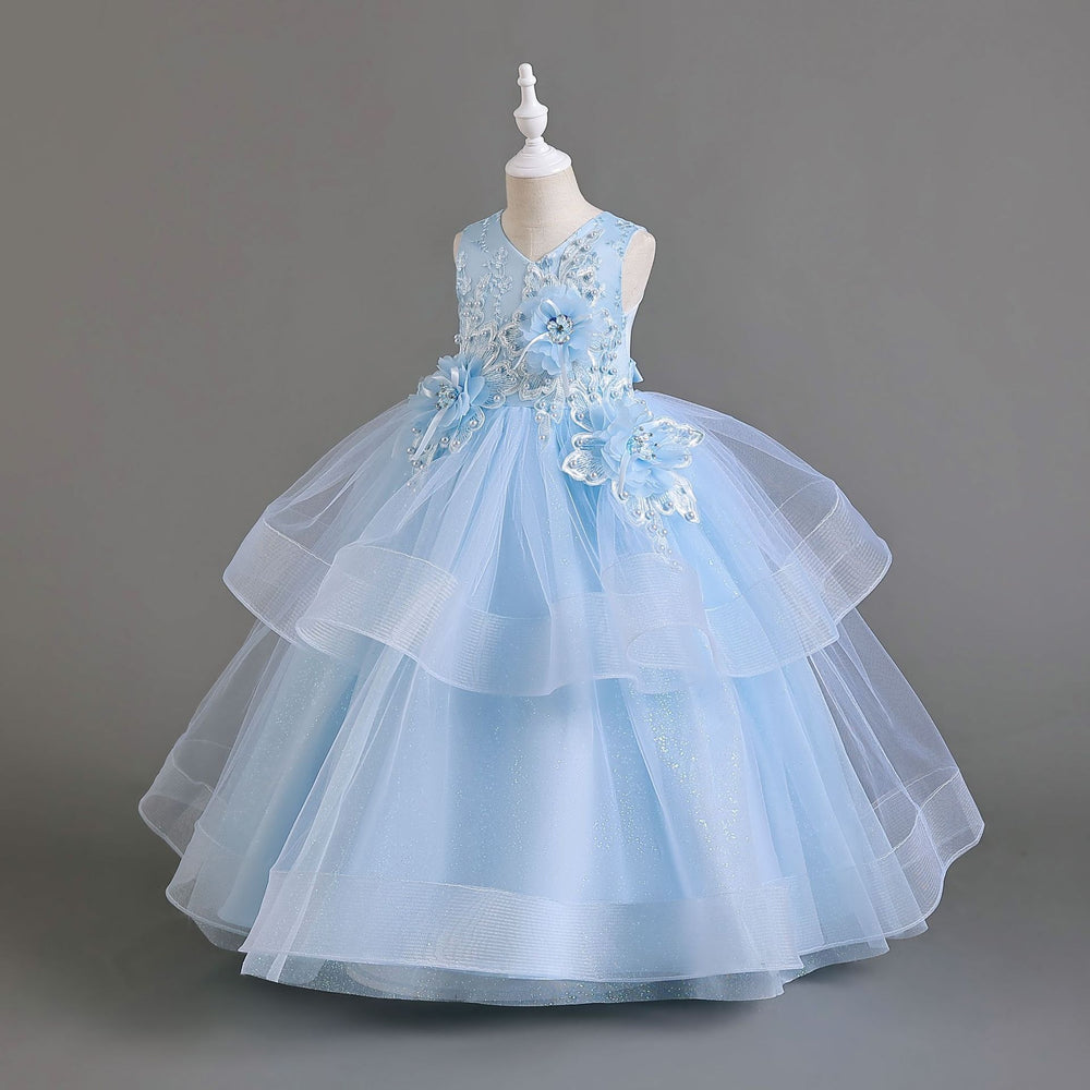 Export long skirt kids dress pearl flower wedding dress princess dress female flower girl birthday dress girl dress