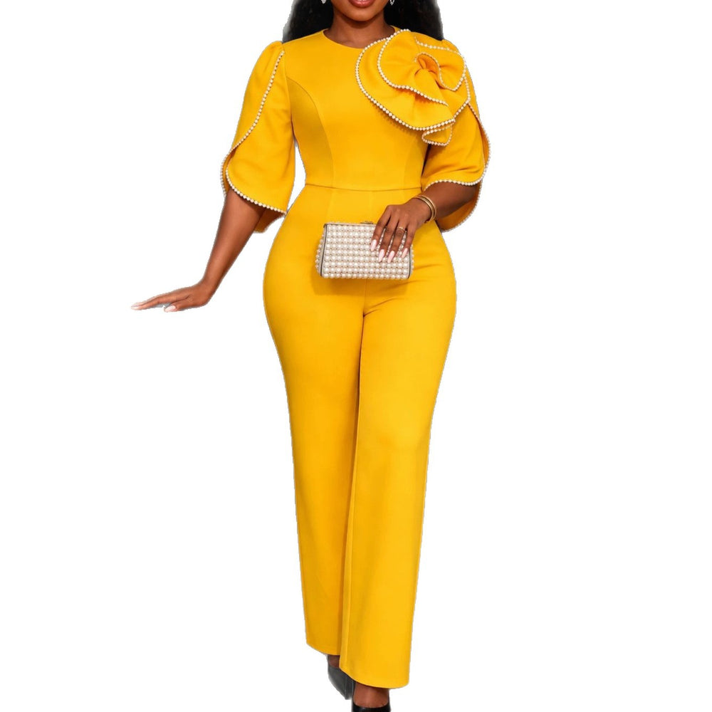 Autumnew arrivalelegancework clothingjumpsuits pure colorstereo flowerlace edgeslimming lookjumpsuits