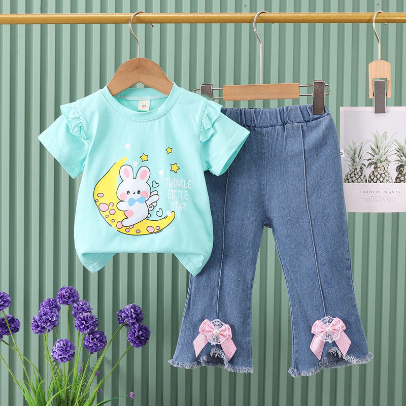 Mengyao summer suit  new arrival baby summer clothes wholesale rabbit moon trendy style medium large children two-piece set