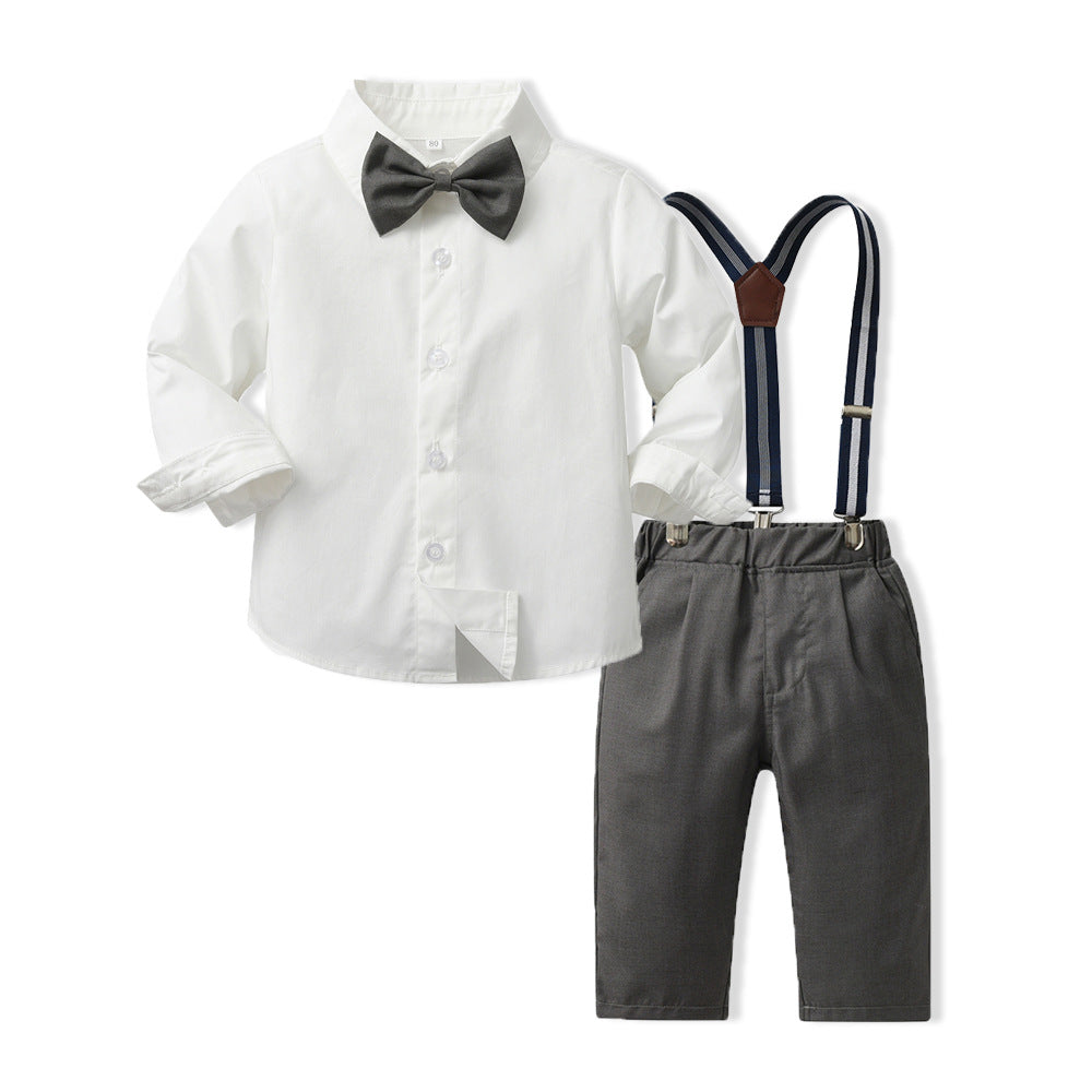 New british style boys' spring outfit: long-sleeved white shirt and suspender pants formal set - spring new arrivals for boys' clothing