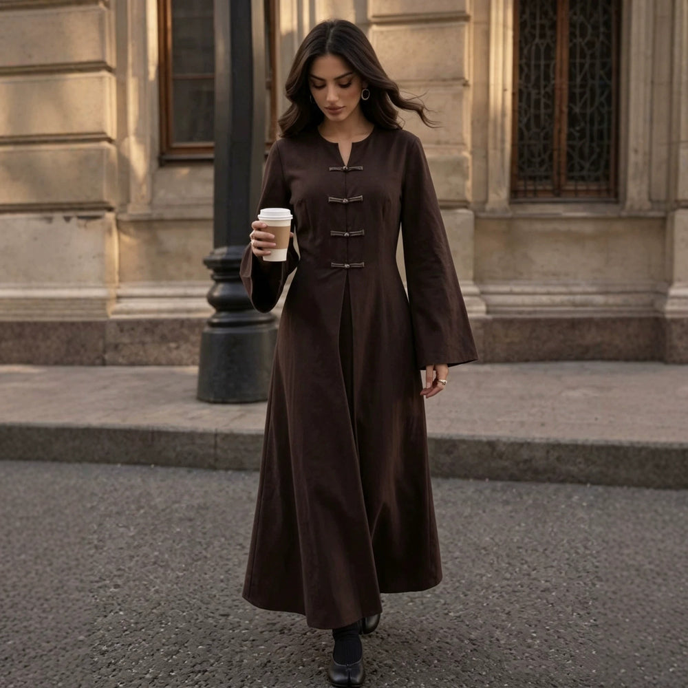 cross-border fashion: vintage-inspired, elegant, and versatile long dress with round neck, button-down design, and pleated detailing