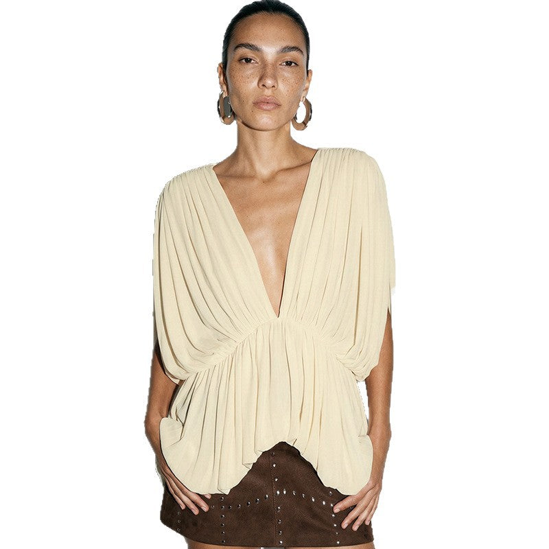 European and american women's clothing  summer new fashion solid color deep v-neck backless sexy shirred butterfly casual top t-shirt