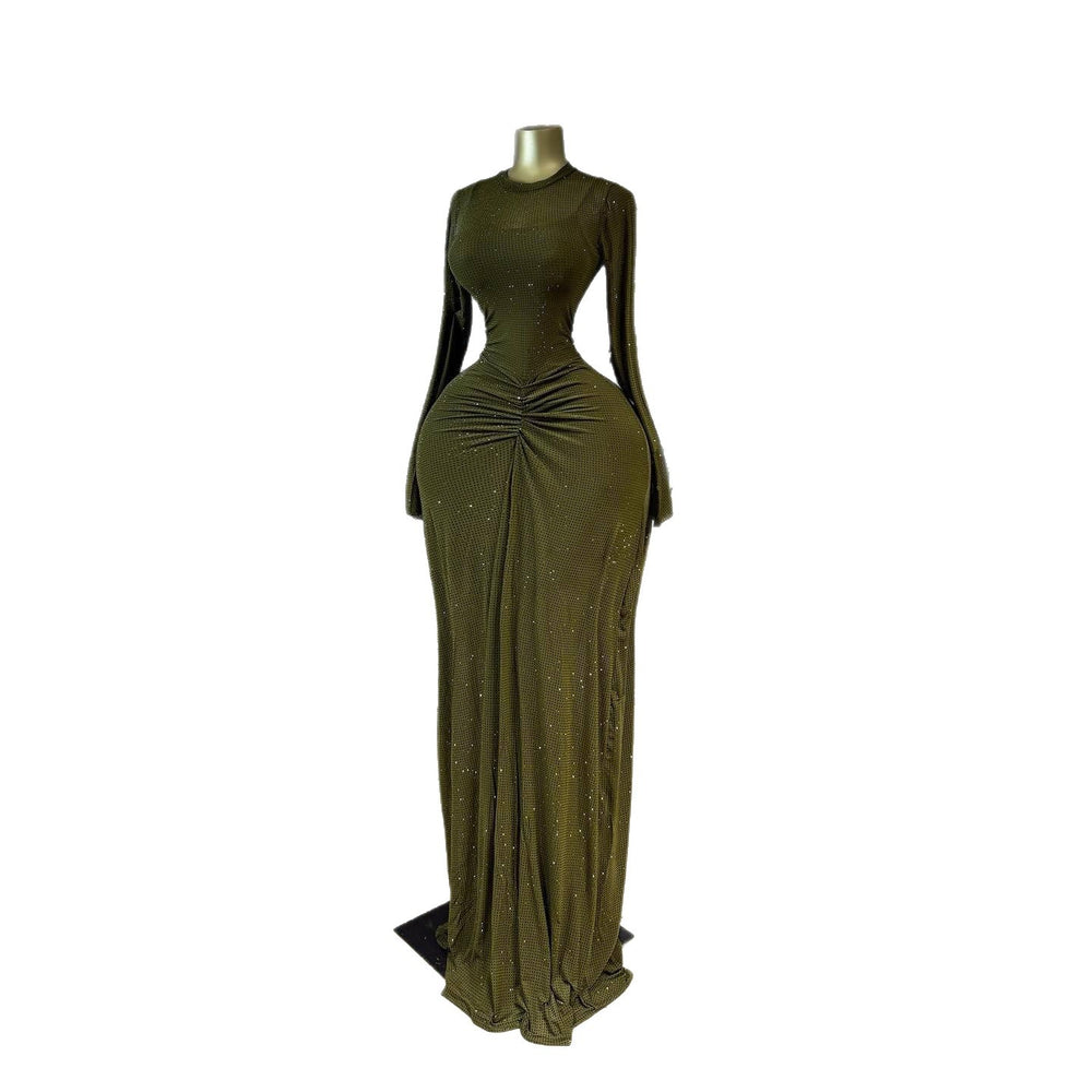 European and american cross-border women's fashion:  spring new arrival - elegant sequin ruched bodycon evening gown, long sleeve dress