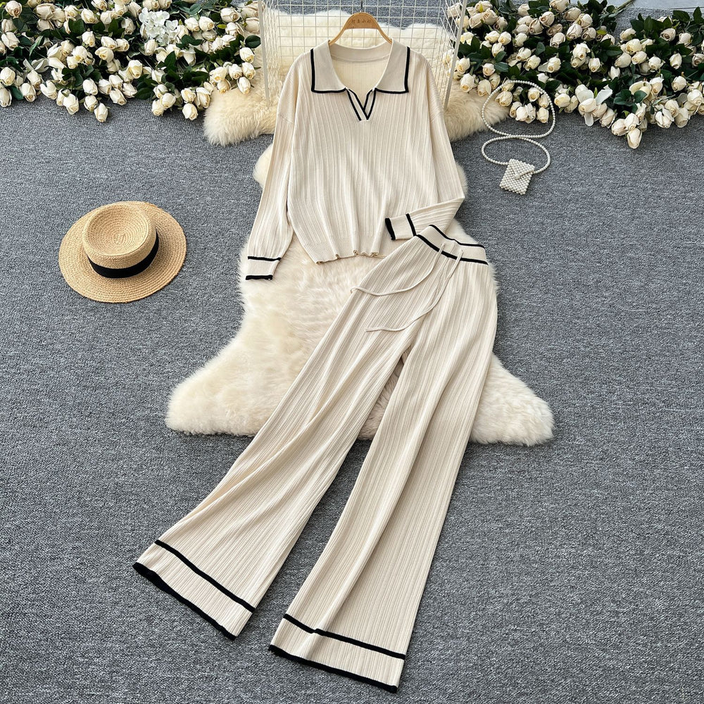 Knitting shirt two-piece set women's fall and winter lazy style easiest for matchretro lapel pullover sweaterhigh waistcasual wide-leg pants