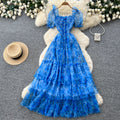 French gentle style puff sleeve floral dress women's summer k-style square collar high waist a-line elegant cake skirt slimming look