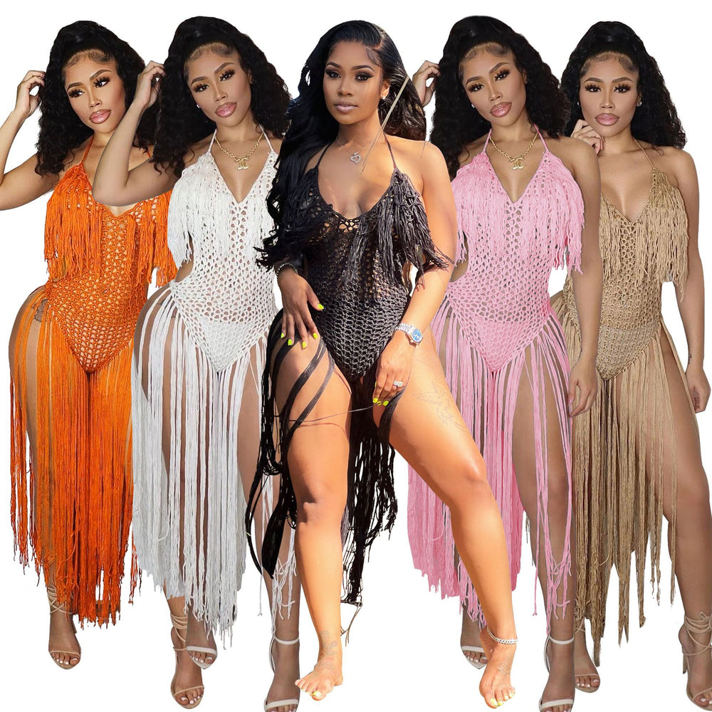 Sexy european and american style women's beach dress - hand-crocheted one-piece with tassel skirt -  approved