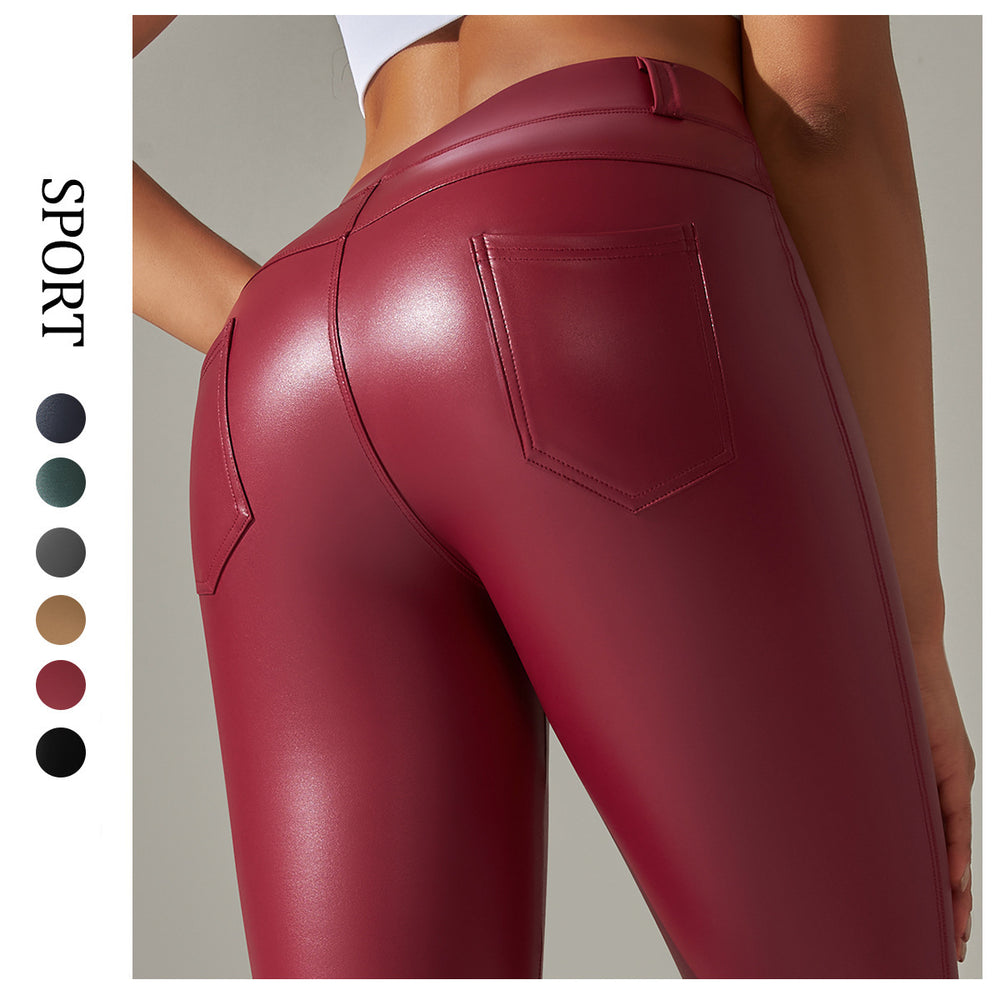 Clearance european and american sexy pu leather pants plus size tummy control leggings sports with pockets skinny pants brushed style bottom pants