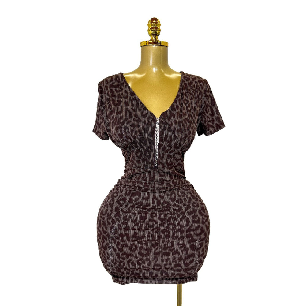 Exportsummernew arrivalsexy silmv neck zipper elastic mesh dress leopard print printing hip skirt for women