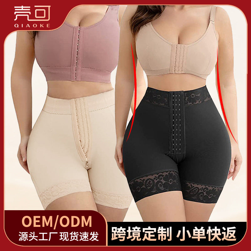 Wholesale tummy control butt lifter shaper panties with three hooks, bottom zipper, high-waisted, and tie closure