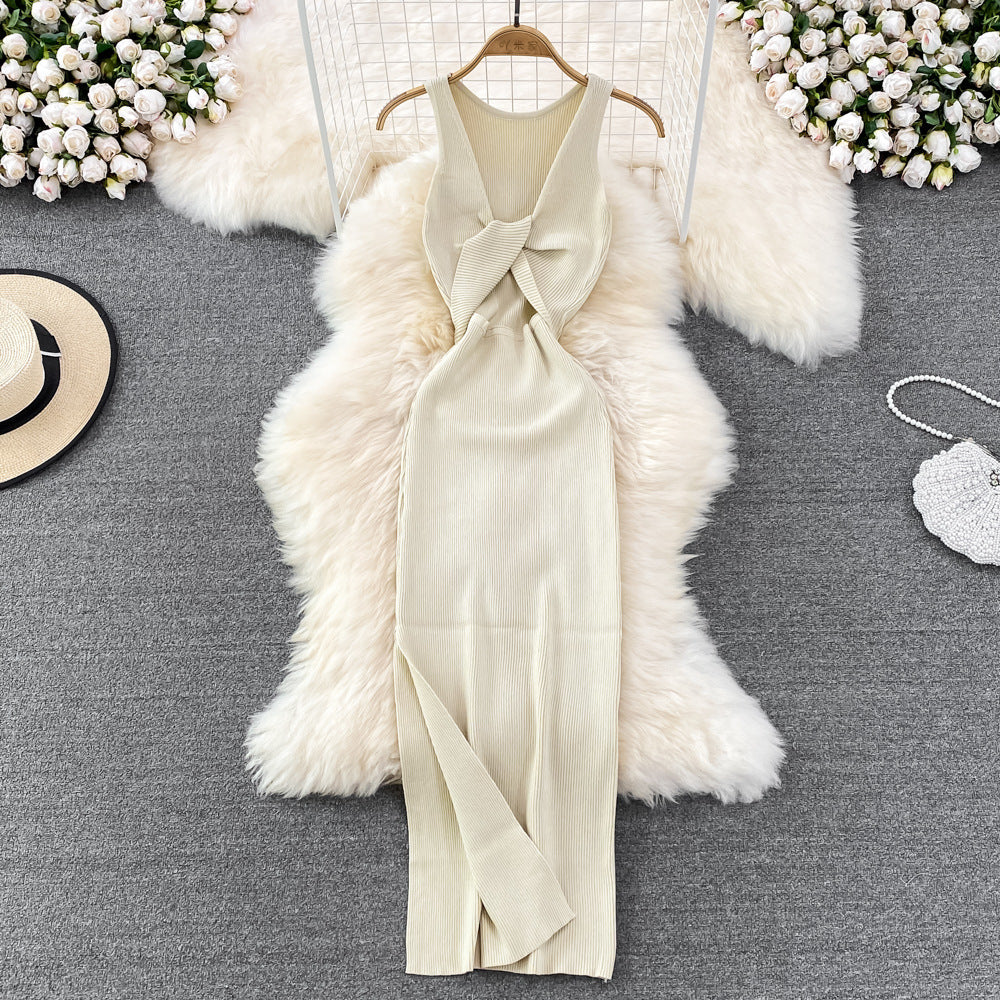 European and american style ins women's summer new sexy twist knot cleavage-enhancing hollow-out fashion two-way knitted dress
