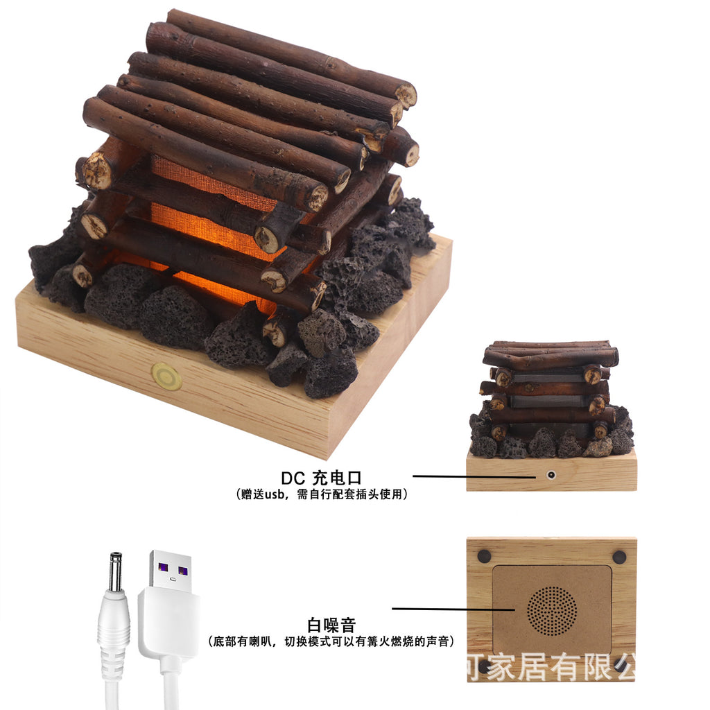 USB charging warm light ambient light white noise desktop ornament solid wood branches bonfire night light gift for friends