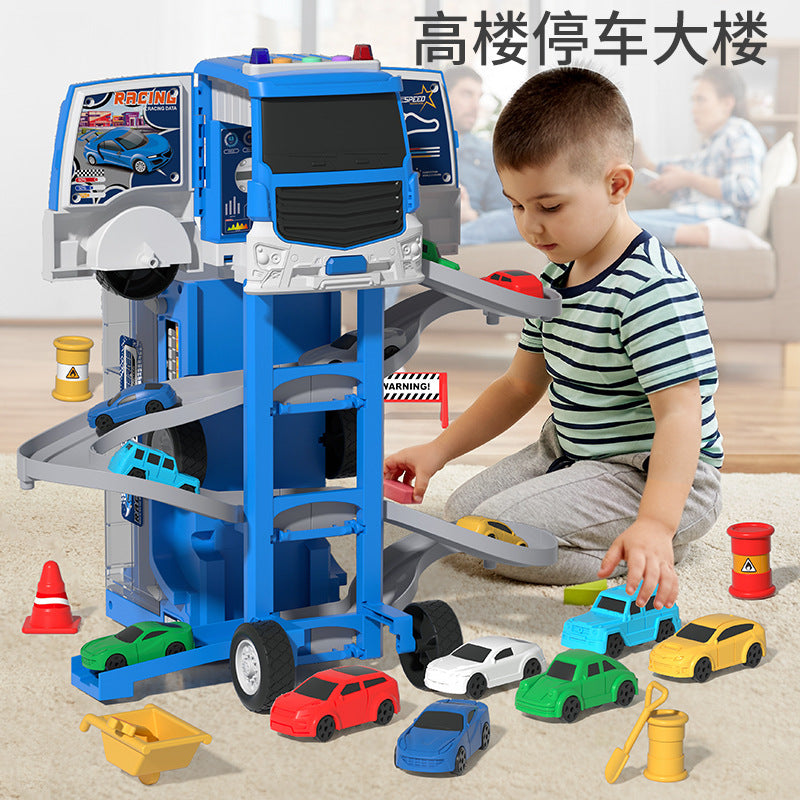 Boys' transforming storage double-decker container truck 2-in-1 track car building with lights, music, educational electric toy