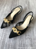 Z's new metallic buckle embellished suede pointed-toe stiletto sandals - stylish plus size women's black pumps