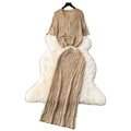 Korean style minimalist effortless outfit: knitted cardigan & high-waisted midi skirt set - trendy two-piece fashion