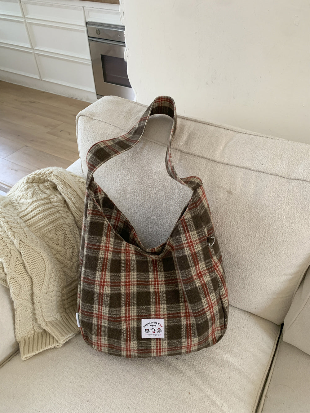Korean retroplaid shoulder bag women's fall and winternew arrivalniche style design canvas bag large capacity casual tote bag