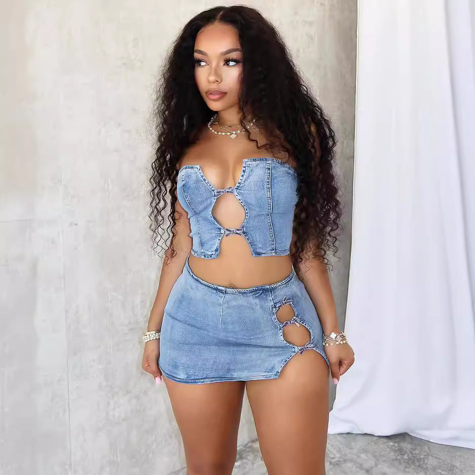 European and american cross-border women's fashion:  summer new arrivals - sexy tie-up bandeau top with slit mini skirt