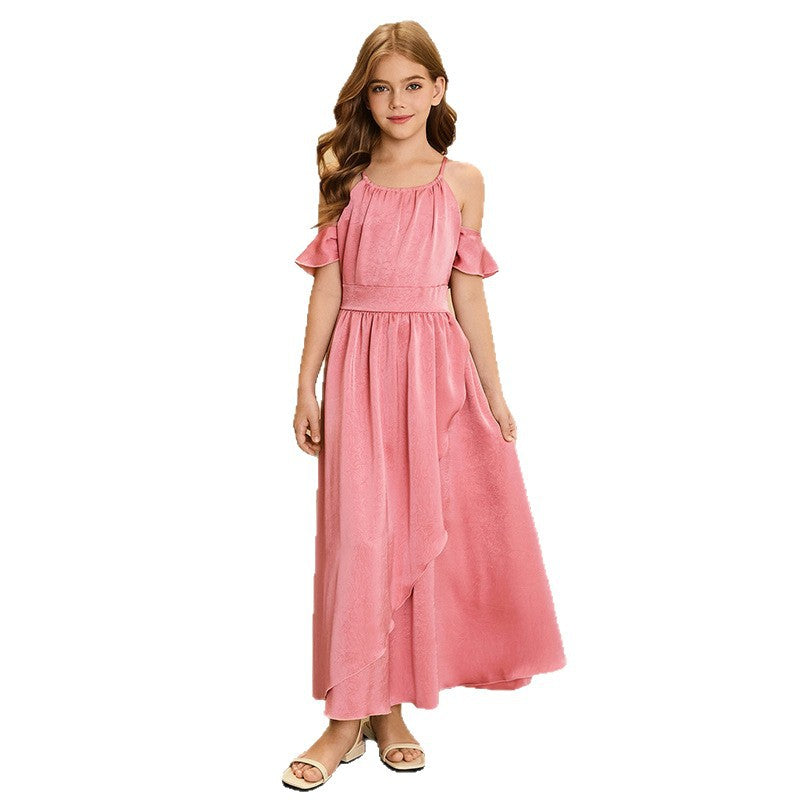 fashion style girl dress chiffon off-shoulder sense of design long skirt new arrivalgirl dress custom style
