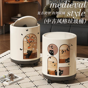 Retroins style little black cat printing trash can with pulleys for home high-looking living room kitchen large garbage basket