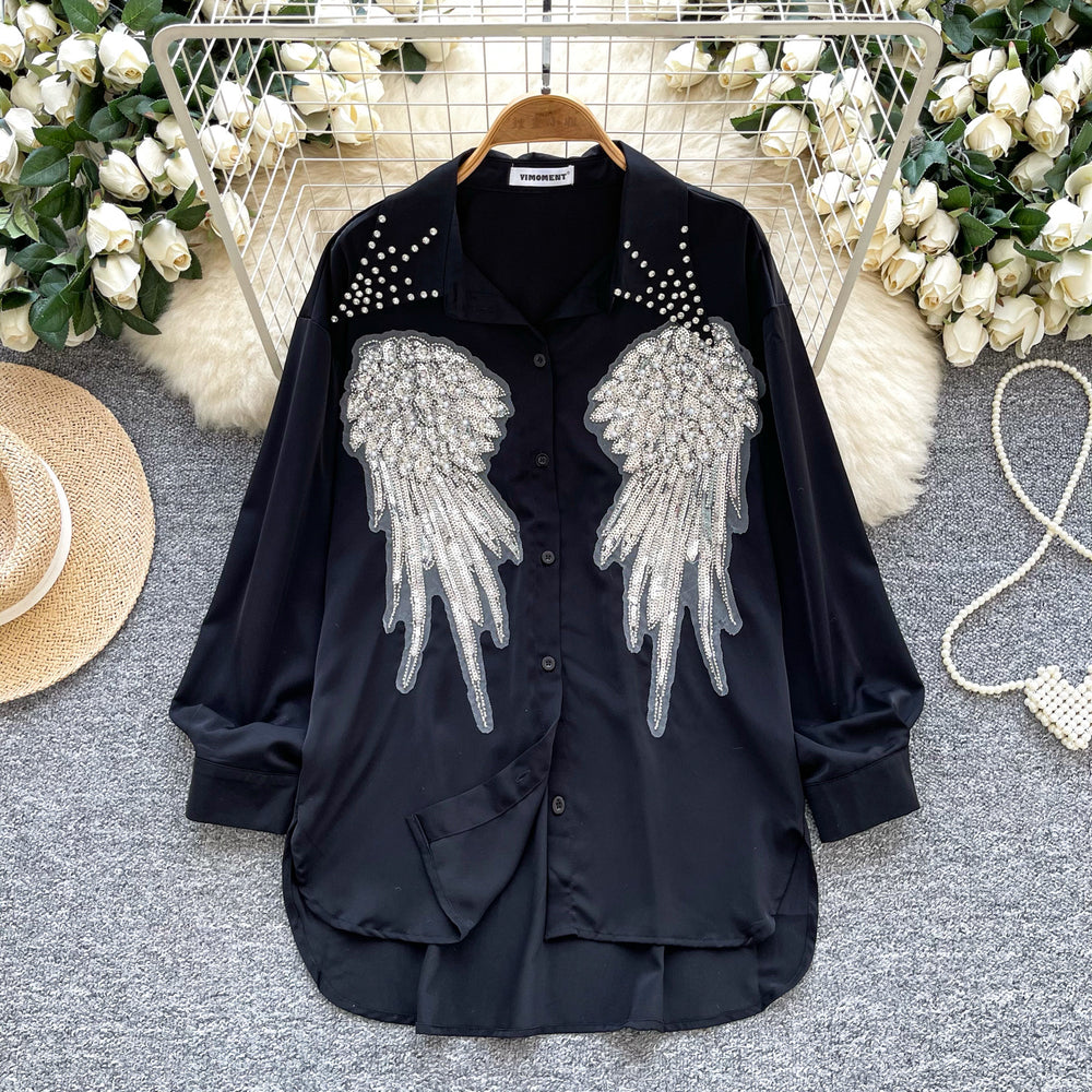 Classy heavy industry diamond-encrusted polo collar long sleevesshirt women's looseslimming lookcasualsequinembroider single-breasted tops