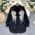 Classy heavy industry diamond-encrusted polo collar long sleevesshirt women's looseslimming lookcasualsequinembroider single-breasted tops