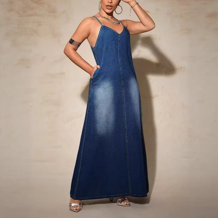 Amazon  asia cross-border fashion new arrivalplus size women's clothing new arrival denim suspender longdress