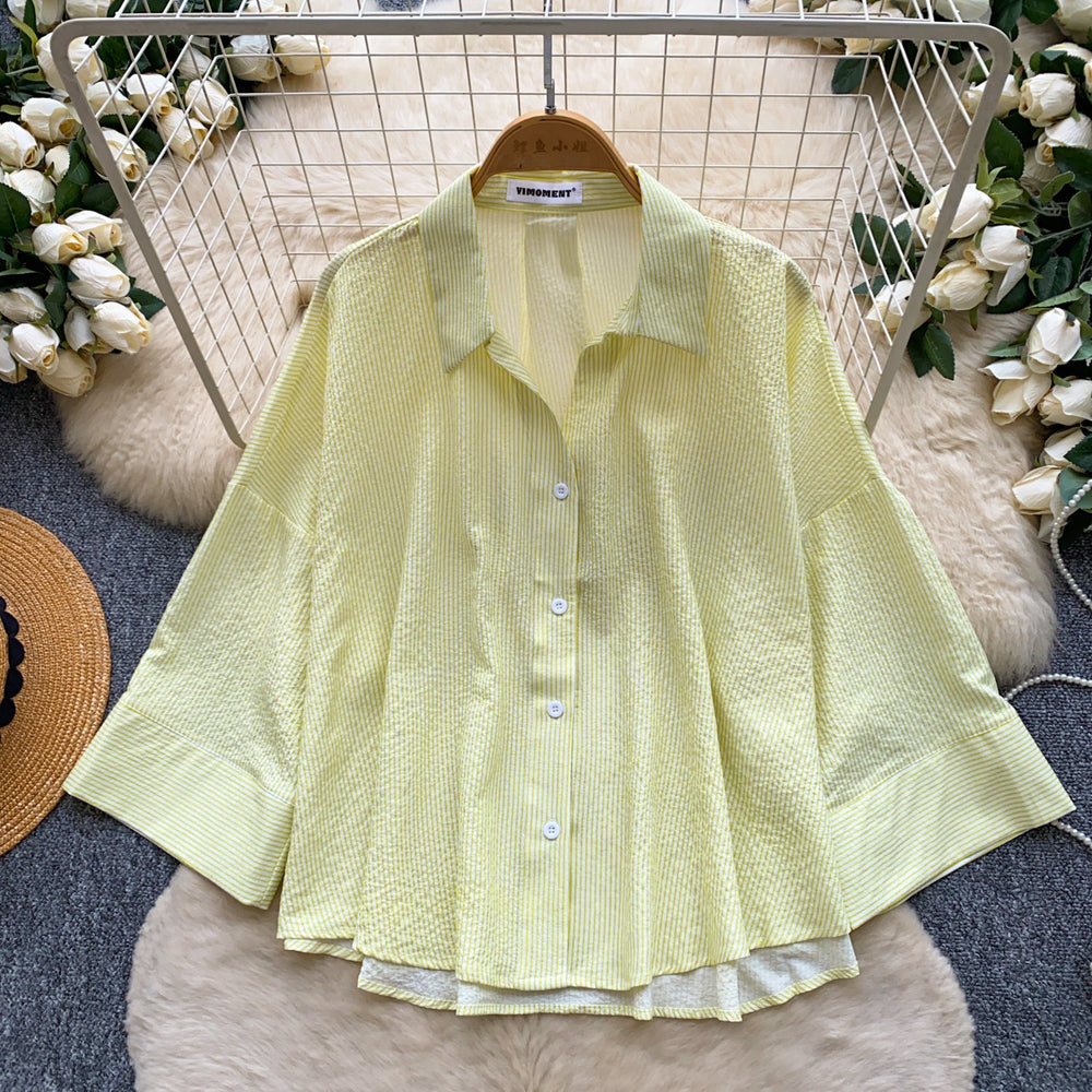 Korean style fashionable young lady shirt -  new arrival - versatile commute, casual, slimming long sleeve striped top for summer