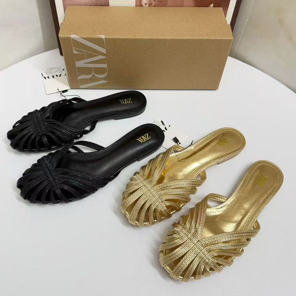 Za's 2026 new women's shoes: french retro closed-toe low heel fashion soft leather niche design cat heel sandals