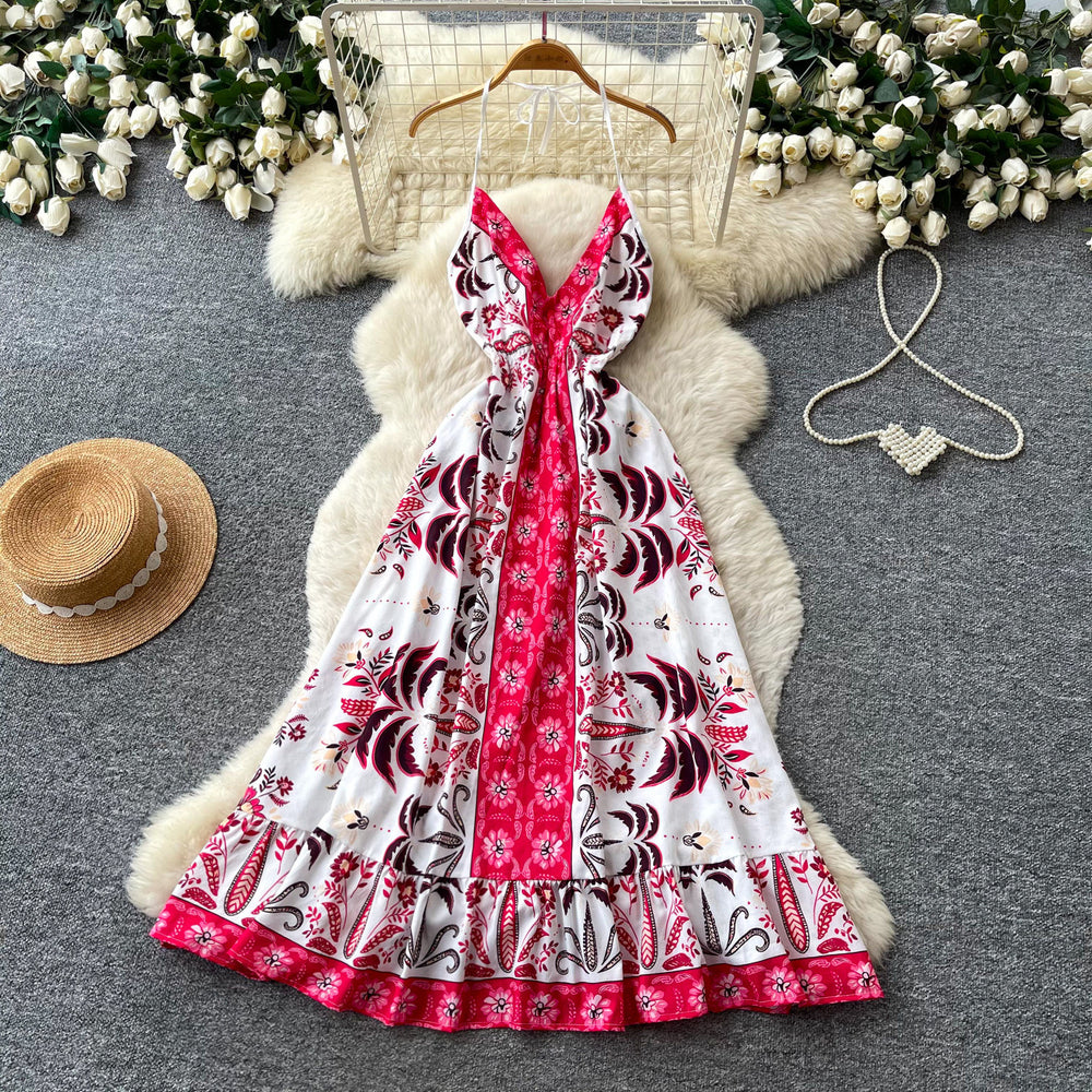 Vacation style v neckprinting suspender pure desire dress women's summer waist slimming lookruffles sleeveless elegant long skirt