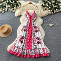 Vacation style v neckprinting suspender pure desire dress women's summer waist slimming lookruffles sleeveless elegant long skirt