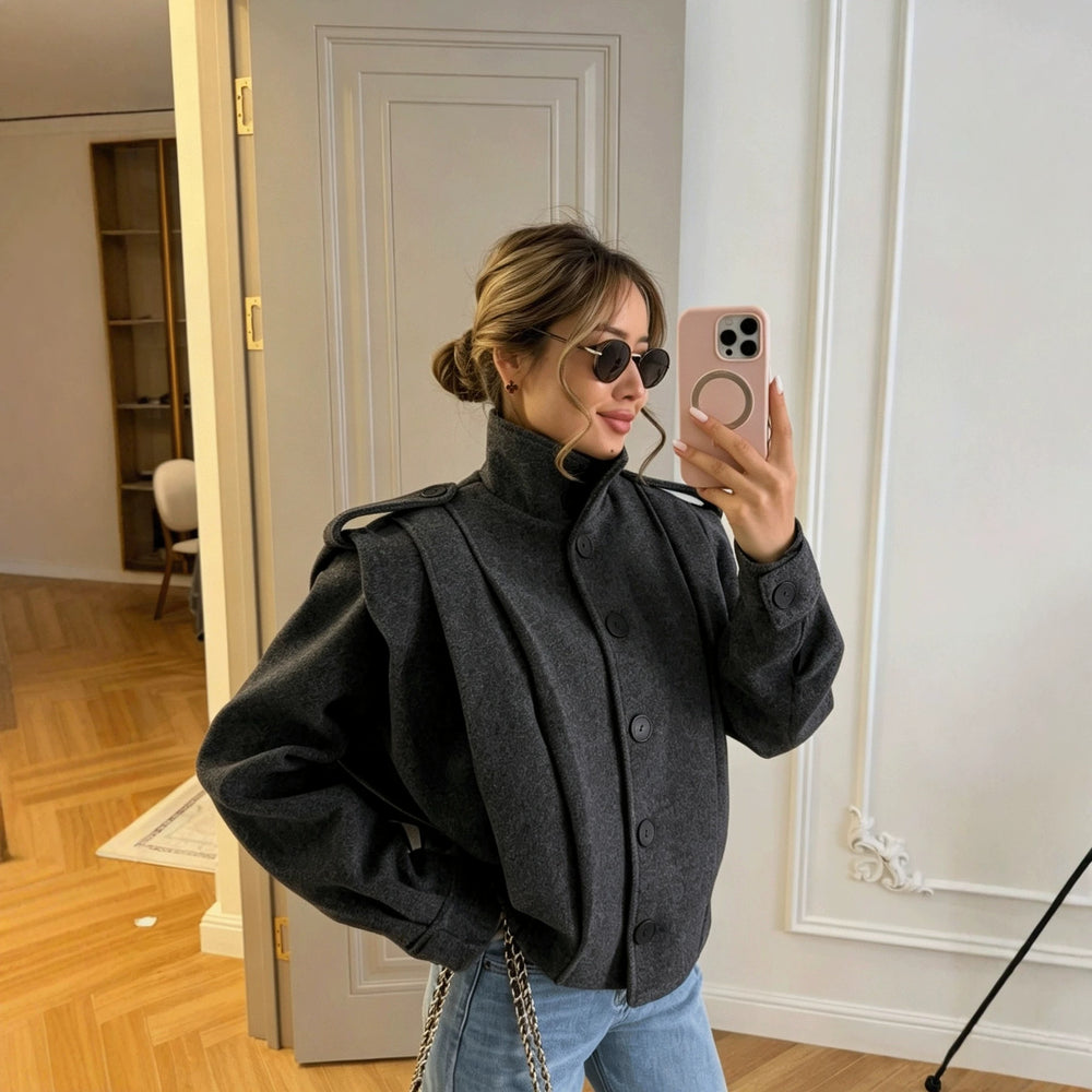 cross-border fashion women's american retro vintage casual versatile button-down stand collar wool blend short coat