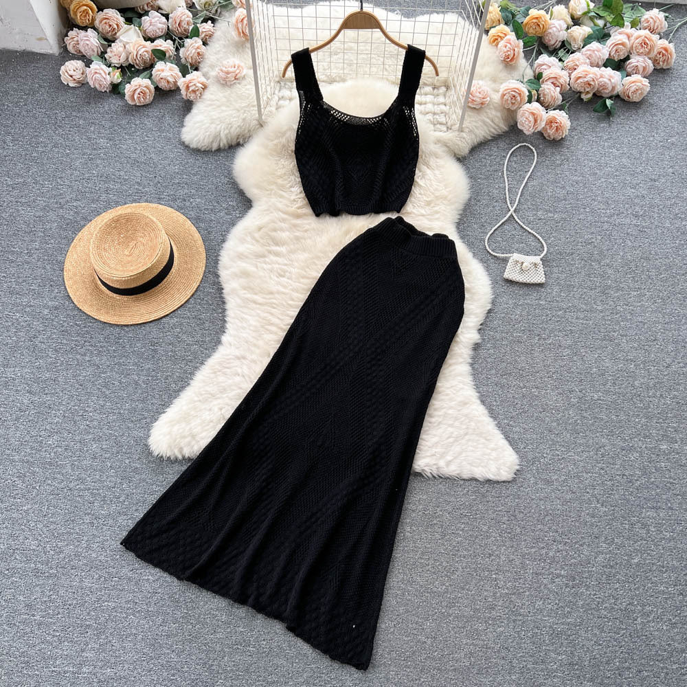 Trendy knitted set for women: new summer collection - unique openwork jacquard camisole and high-waisted bodycon maxi skirt two-piece outfit