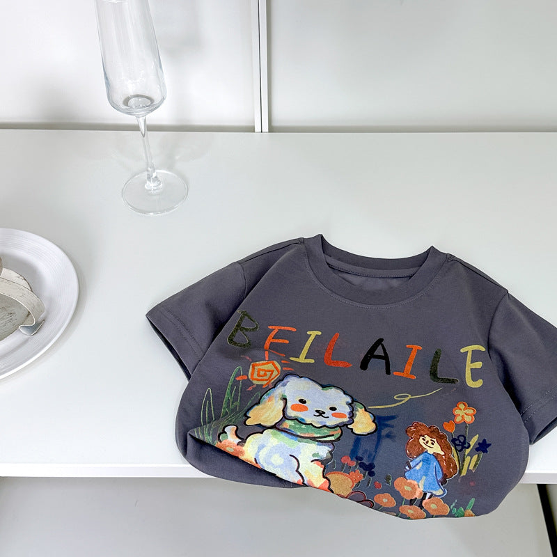 Boys and girls new arrivalsummertopskids cartoon animal short-sleeved t-shirt baby girl k-style foreign style clothes in stock