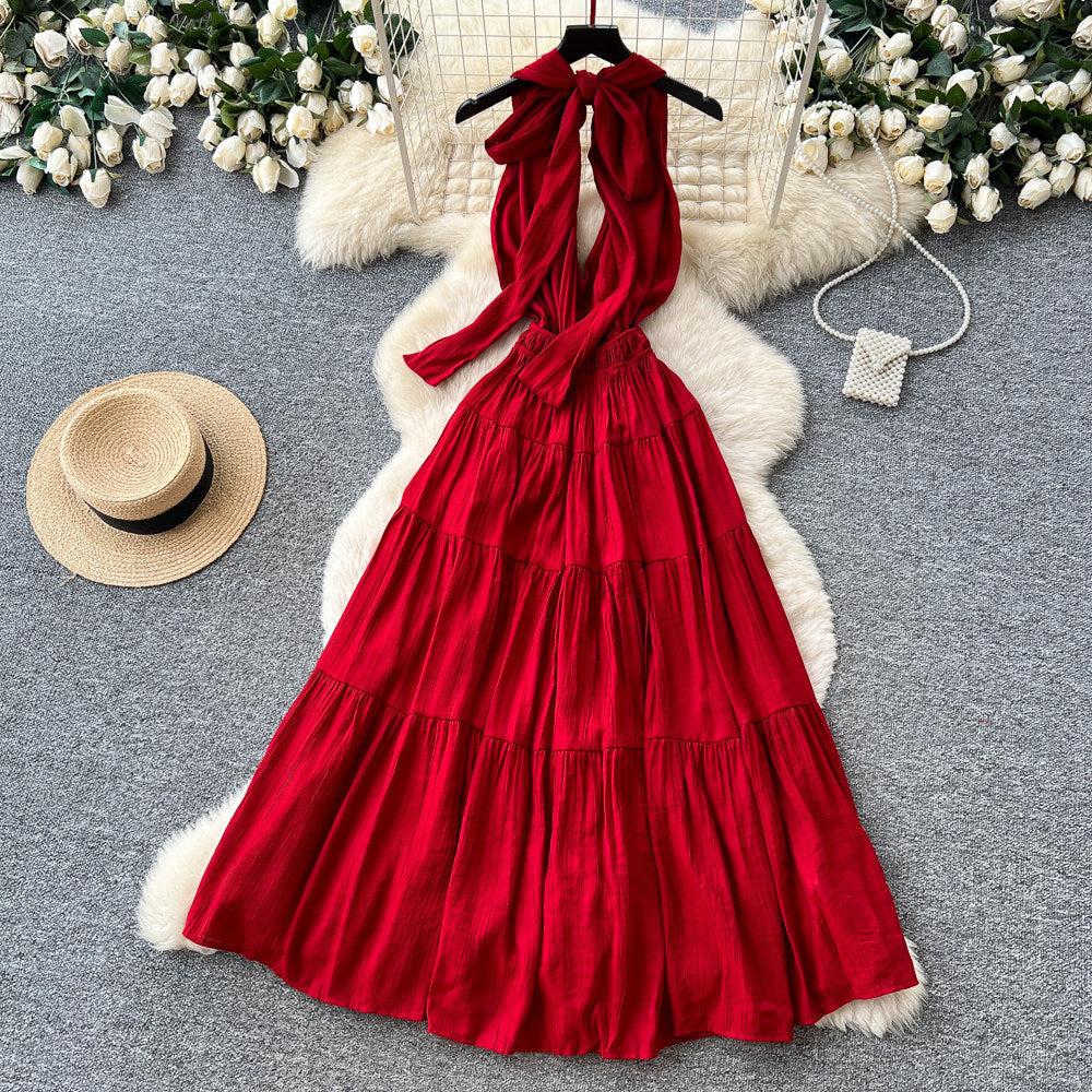 French riviera style red sexy backless maxi dress - women's summer v-neck halter neck slimming a-line elegant dress