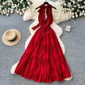 French riviera style red sexy backless maxi dress - women's summer v-neck halter neck slimming a-line elegant dress