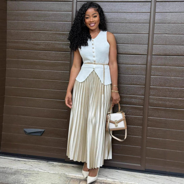 European and American women's clothing retro sleeveless temperament vest breasted straps slim top African long pleated long skirt set