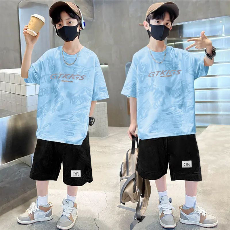 Boys' summer outfit set: new styles for mid-to-large children, lightweight short-sleeve activewear, trendy summer two-piece set for boys