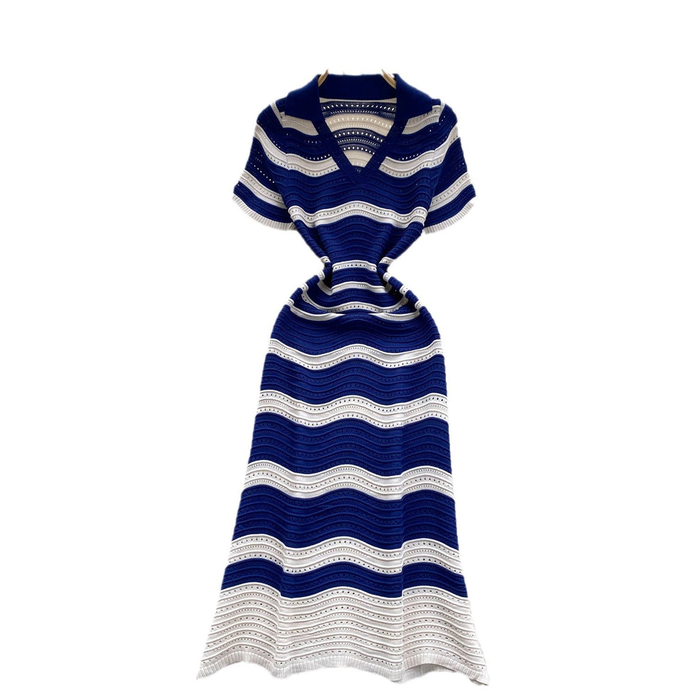 Luxury striped knit dress for women - summer v-neck, hollow-out, lightweight, breathable, slim-fit, designer maxi dress