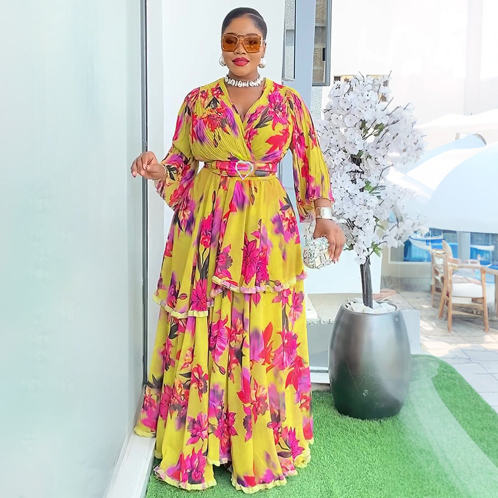 new arrival: fresh & sweet plus size dress - african women's ruffle print maxi dress
