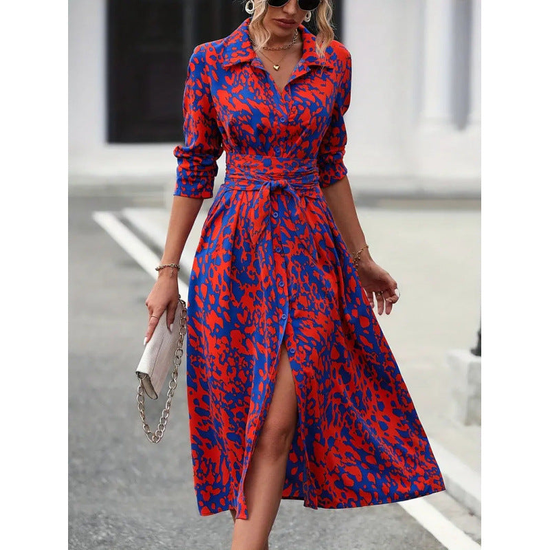 Shipped to fashion cross-border  all-over printing buttons long sleeves waist a-line dress independent station