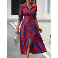 Shipped to fashion cross-border  all-over printing buttons long sleeves waist a-line dress independent station