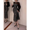 Women's autumn/winter fashionable and elegant sequin patchwork long sleeve mermaid midi dress - perfect for dates/work/everyday wear