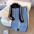 Fashionable zipper denim two-piece set - spring/autumn 2025 new collection: denim patchwork long-sleeve top & wide-leg pants
