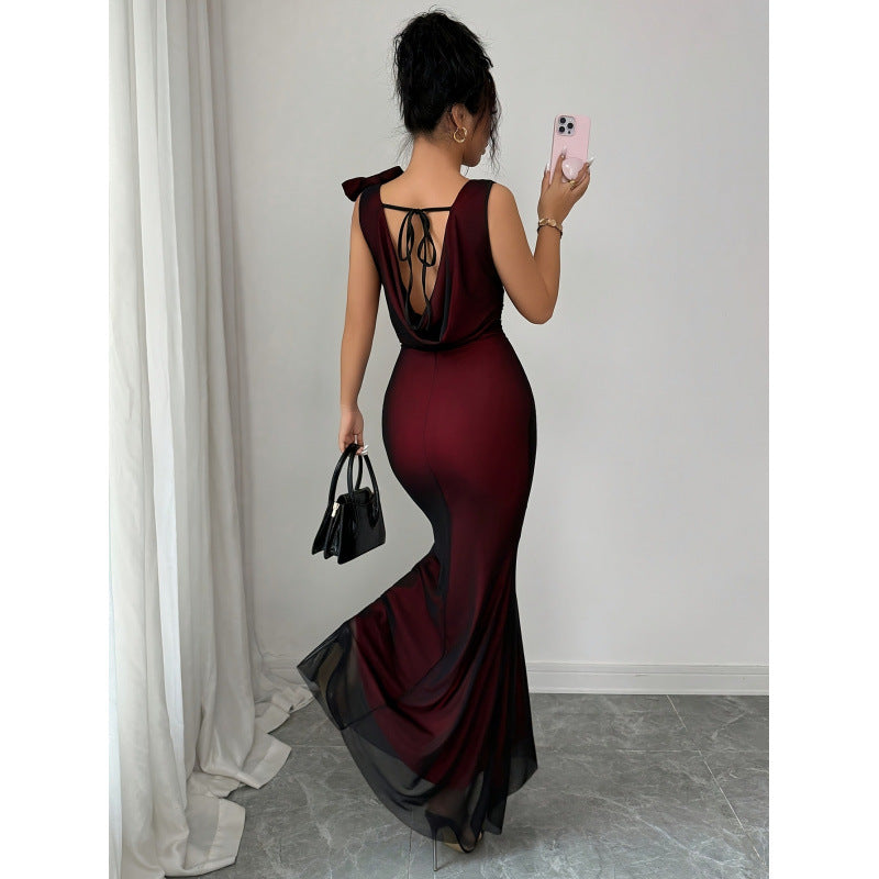 Women's summer new fashion elegant mesh cowl neck backless asymmetrical bow tie waist long dress