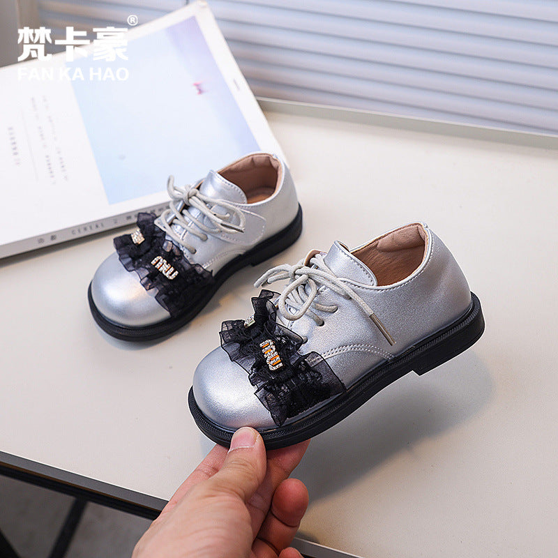 Girls' british style leather shoes, new autumn  collection, kids' lace-up princess shoes, fashionable and versatile black flats