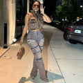 European and american women's fashion jeans -  cross-border women's clothing - trendy retro tassel & rhinestone embellished multi-pocket cargo pants