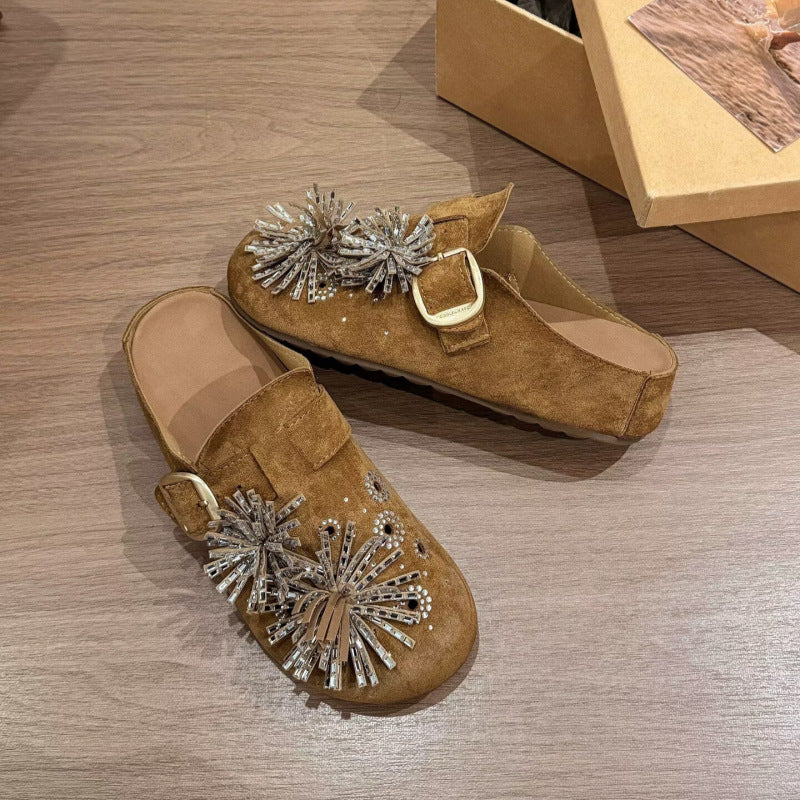 Thick sole hidden heel fireworks rhinestone birkenstock shoes women's 2026new arrivalspring and summer toe-cap half slippers outwear sandals flats