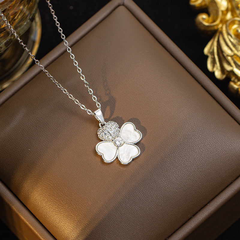 [titanium steel] hot-selling diamond necklace for women, white shell four-leaf clover pendant earrings, new high-end earrings, clavicle chain